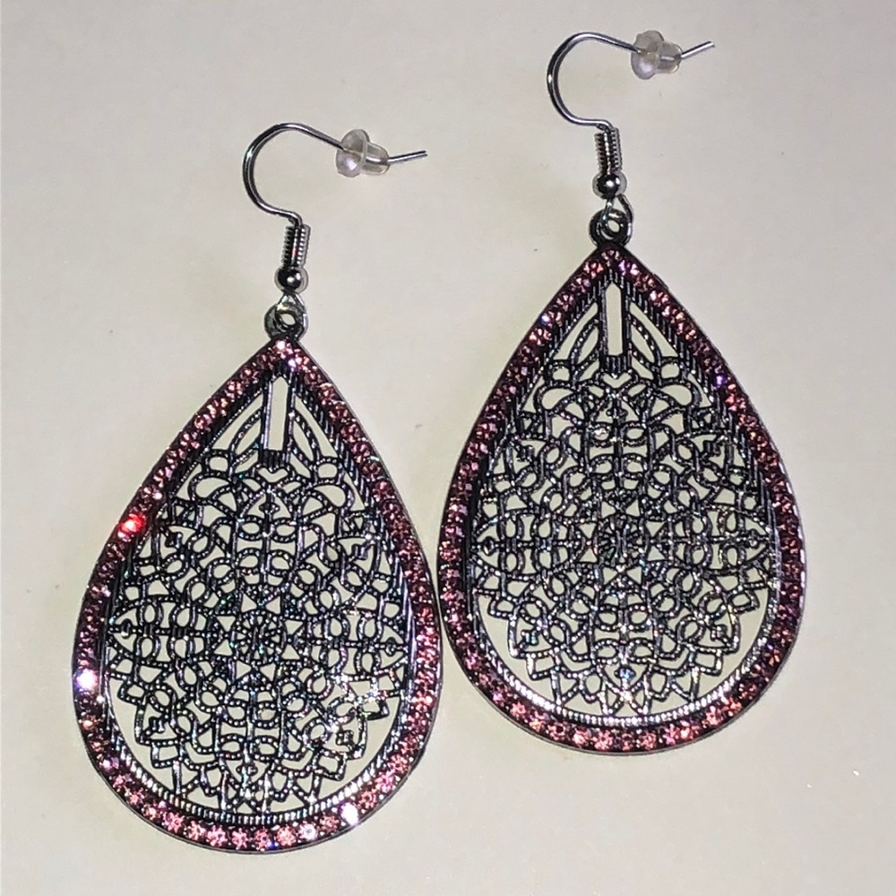 Sparkling Pink Silver Tone Boho Teardrop Filigree Earrings